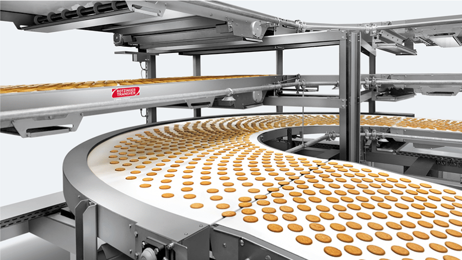 Rotzinger Transver flat-belt buffer biscuit conveyor